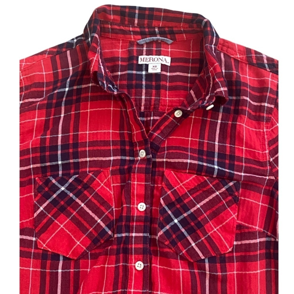 Merona Red Flannel Plaid Holiday Country Tunic Long Sleeve Shirt Cowgirl XS - Picture 2 of 4